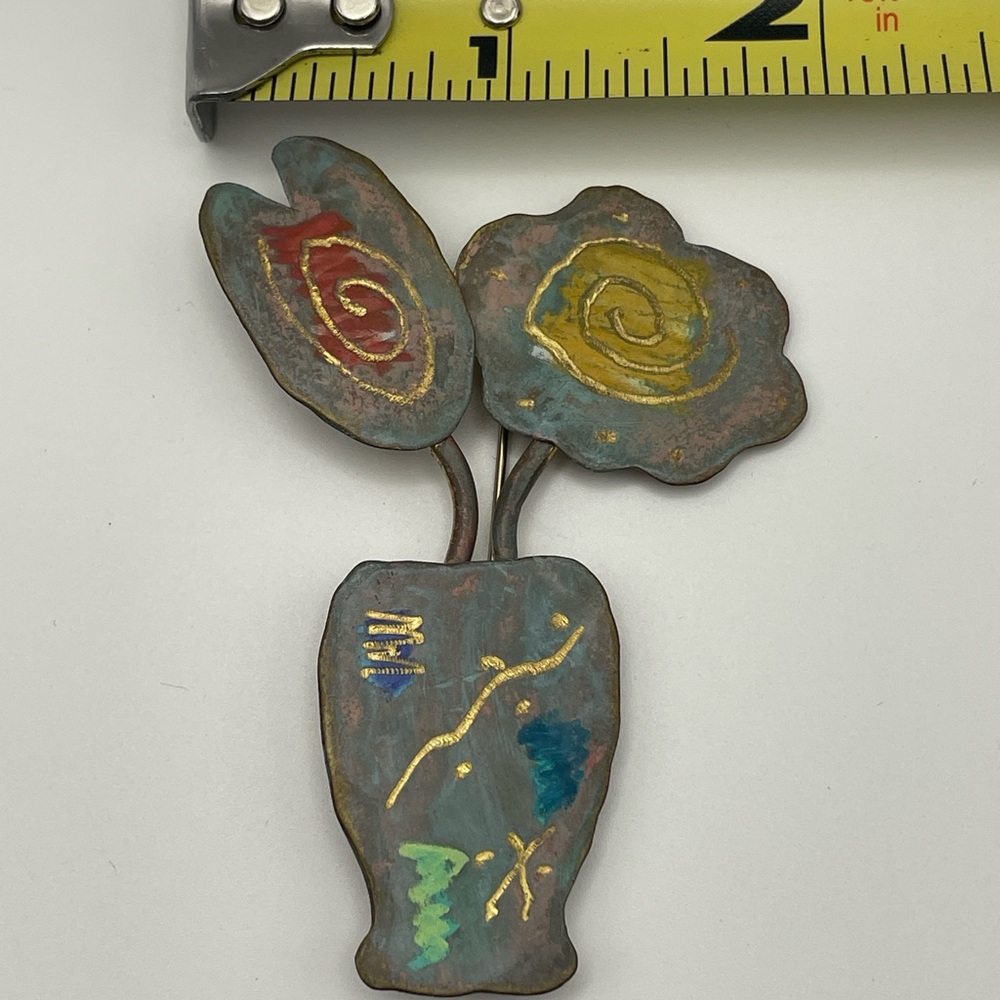 Vintage Patina Metal “Flowers in Pot” Brooch Pin Whimsical Garden Treasure! 🌿🌸 - Picture 4 of 7